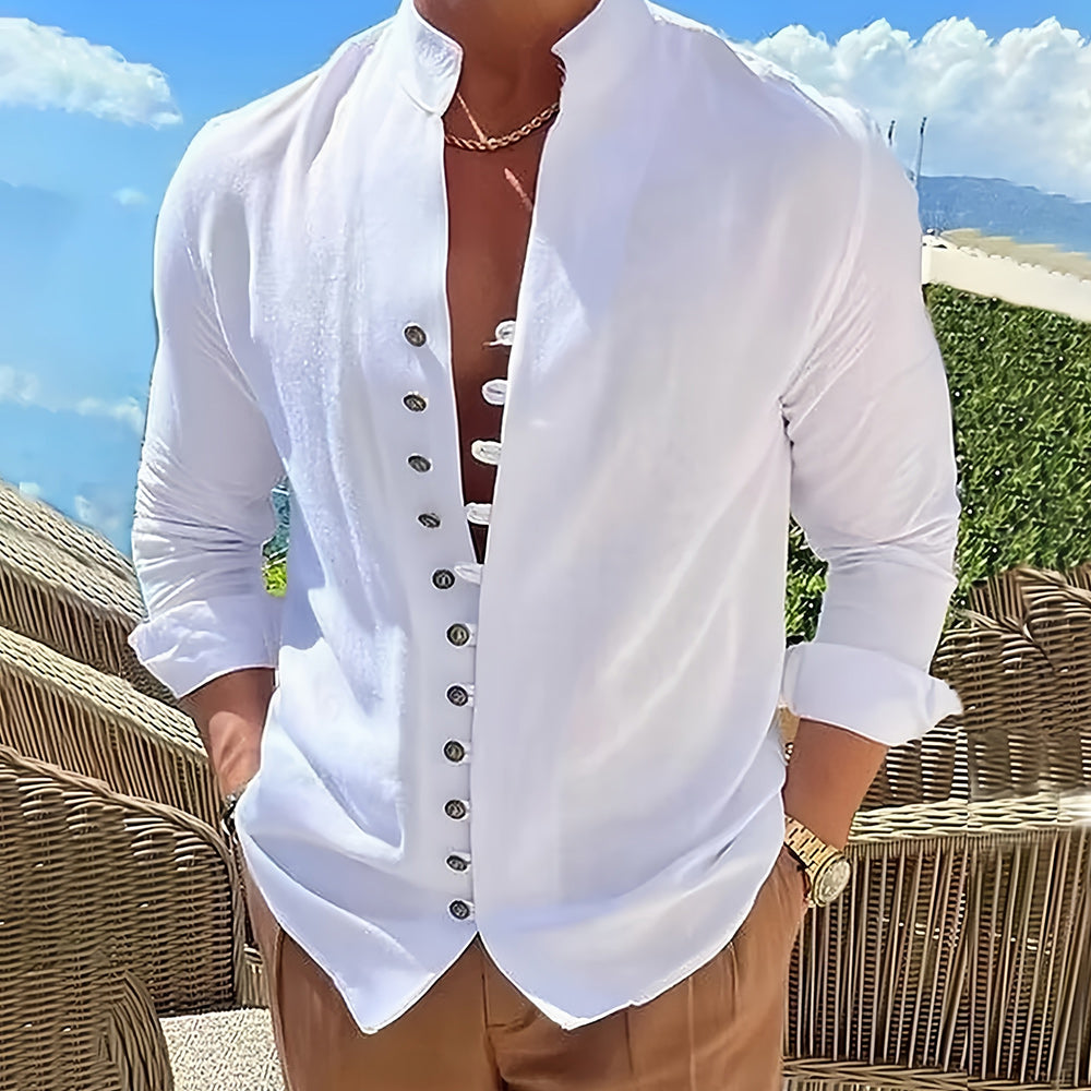 Cordoba Linen Stand Collar Long Sleeve Shirt