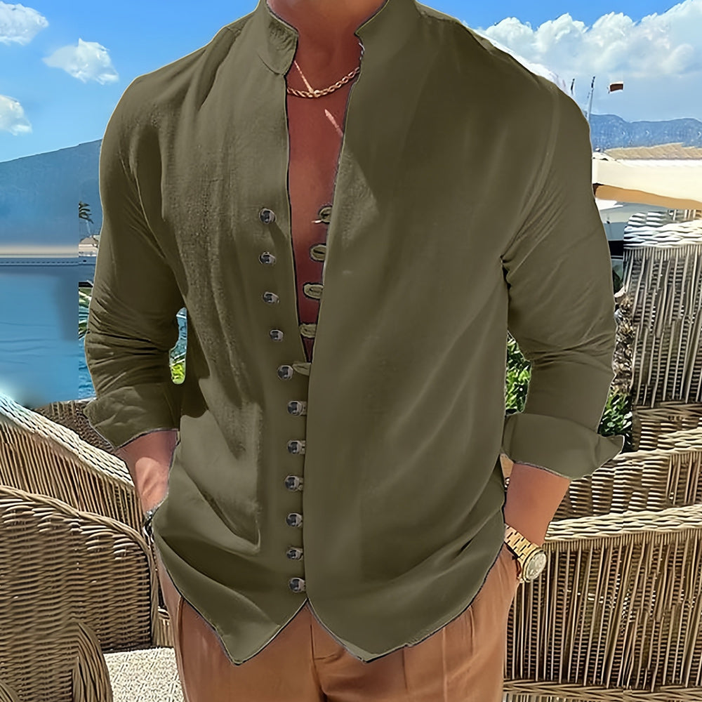Cordoba Linen Stand Collar Long Sleeve Shirt