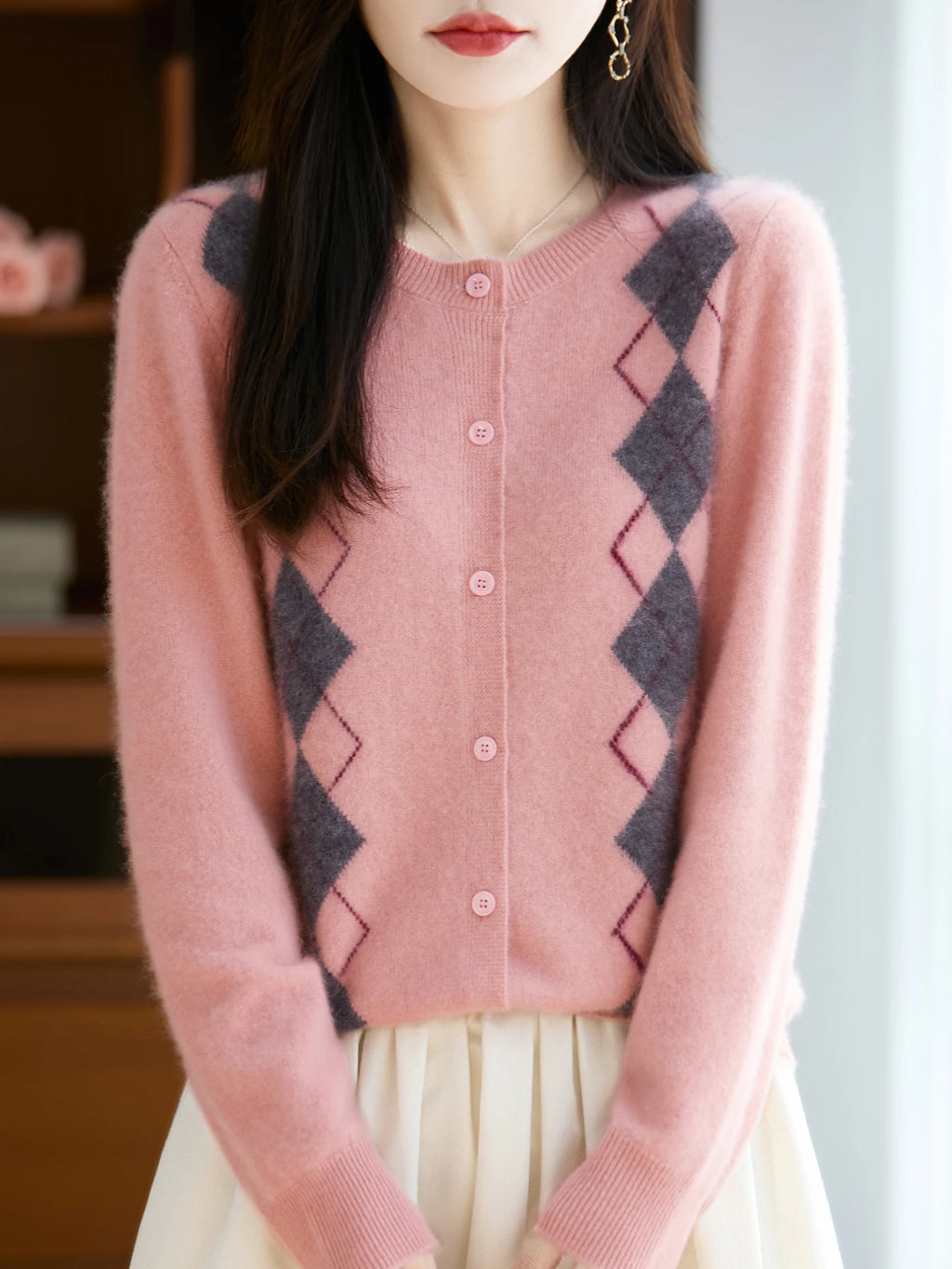 Trieste Argyle Merino Wool Blend Cardigan