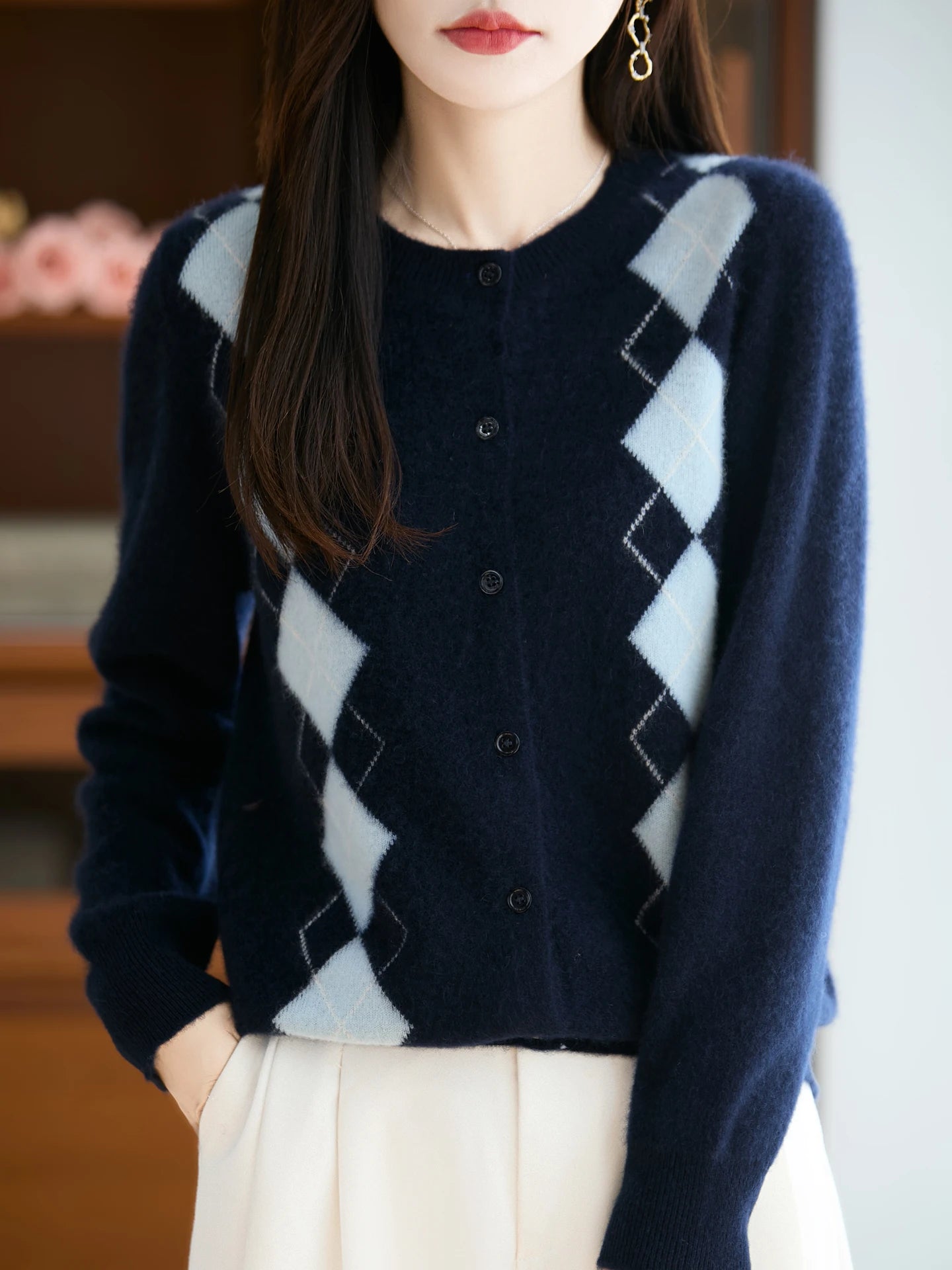 Trieste Argyle Merino Wool Blend Cardigan